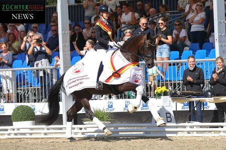 Auf dem Weg zum Double? Eivissa und Jessica-Lynn Thomas (im Bild bei ihrem Championats-Sieg 2022) siegten heute in der Qualifikation der 4j Stuten und Wallache. Foto: Bischoff