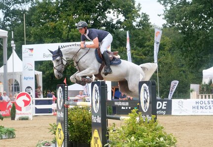 Die Hannoveraner Chaccon Blue-Tochter Chaqueen aus der Zucht der Zuchtgemeinschaft Kruse wurde mit David Will im Sattel die erste Siegerin der 49. Bundeschampionate.     | © Thomas Hartwig